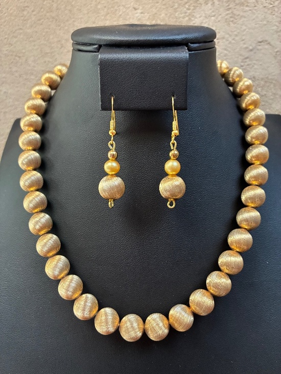 Vintage Jewelry - Vintage Textured Bead Gold Tone Necklace with Matching Earrings
